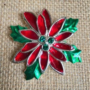 Best brand poinsettia brooch pin pendant silvertone and red green enamel VINTAGE